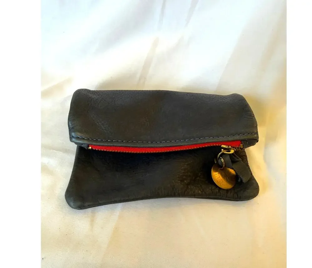 Clare V Vivier Vintage Mini Navy Leather Red Zip Pouch, Coin Purse Clutch